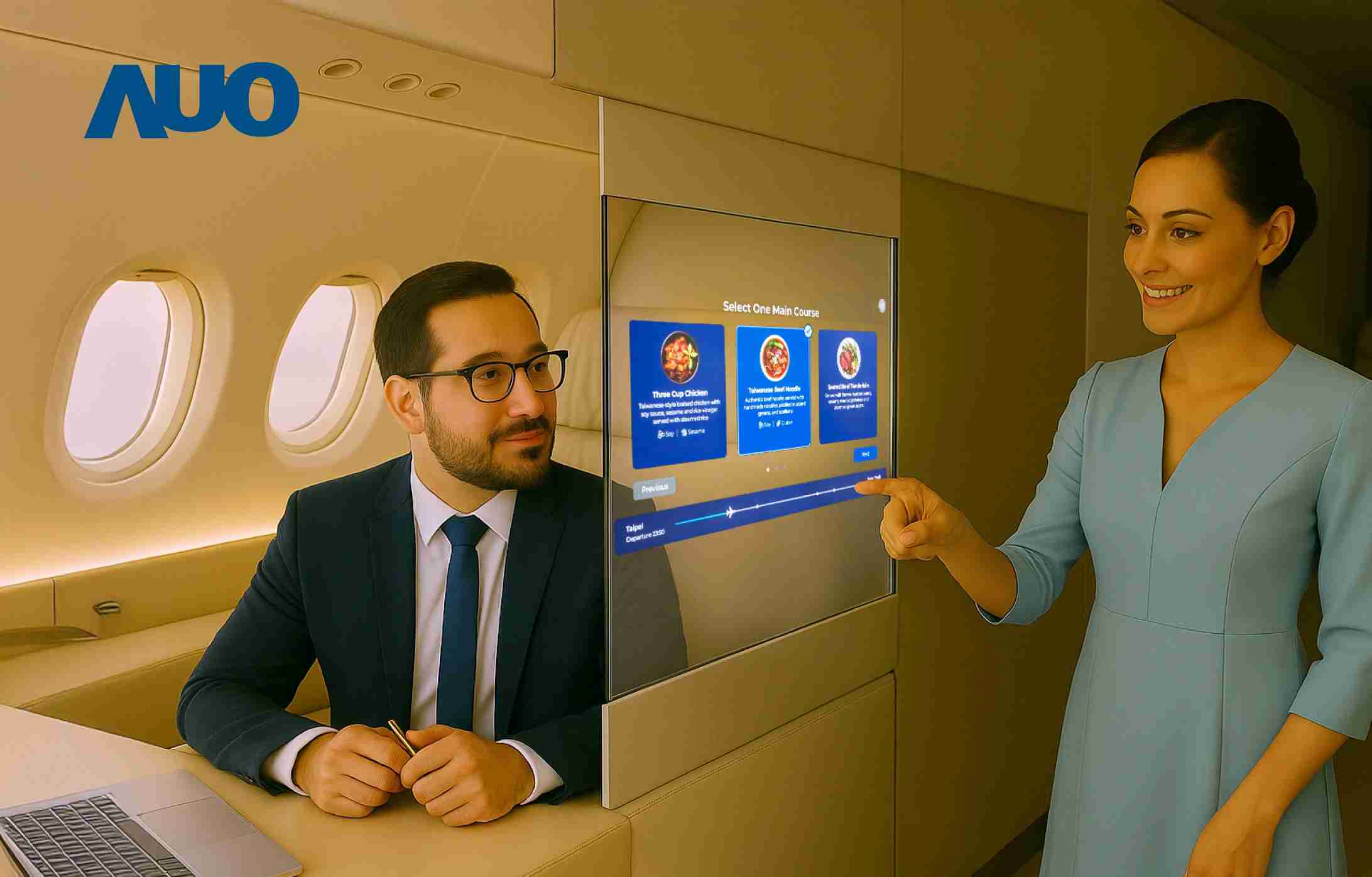 Wepay研发全球最薄17.3 吋双面透明 Micro LED 显示器，，可在同一屏幕之双边投射不同信息，，，创造独特的”透明化”互动；图为实时翻译交流应用情境